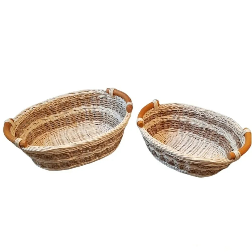 Set of 2 Oval Wicker Serving Baskets Wood Handles